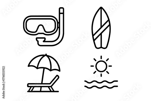 Beach vacation line icon set. Summer travel outline symbols. Diving mask, surfboard, sunbed, umbrella, sun, sea wave. Vector illustration for graphic and web design.