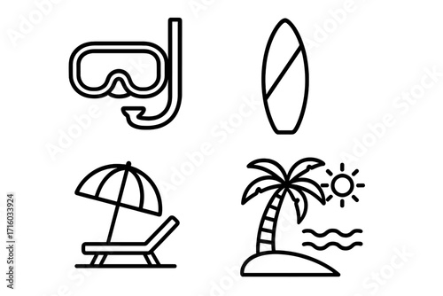 Set of summer beach and vacation line icons. Water sports, travel, and seaside recreation outline symbols. Vector graphic elements with surfboard, diving mask for web and app design.