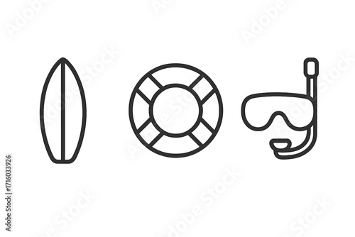 Summer vacation water sports icon set. Surfboard, lifebuoy, and diving mask with snorkel. Minimalistic linear pictogram for web design, apps, and graphics. Vector icons.