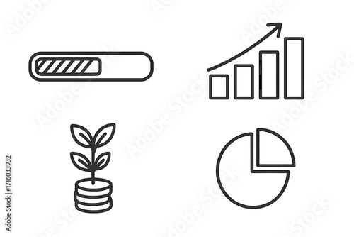 Business growth and data analysis vector icon set. Progress bar, bar chart, investment growth plant with coins, and pie chart. Editable stroke line icons for infographics.