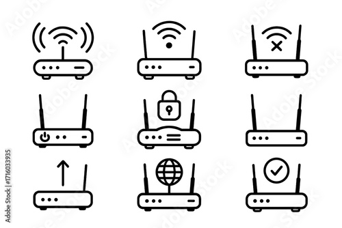 Wi-Fi router line icon set. Wireless internet, modem signal, network status. Vector symbols for data connection, web security, upload, and connectivity. Editable stroke.