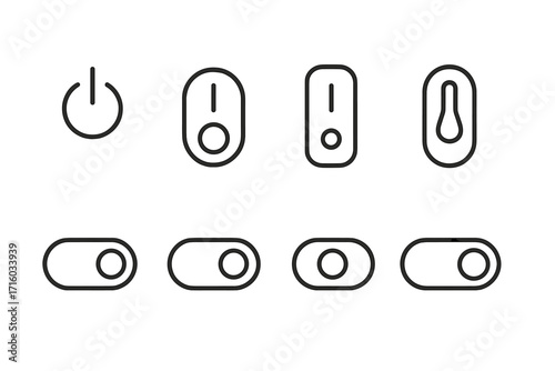 On off switch toggle slider line icon set. Vector outline signs for web design, app interface. UI UX power button symbol. Activate, deactivate, enable, disable graphic element.