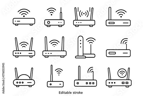 Wi-Fi router line icon set. Wireless internet modem signal connection. Network technology symbol collection. Editable stroke vector illustration for web, app, UI design.
