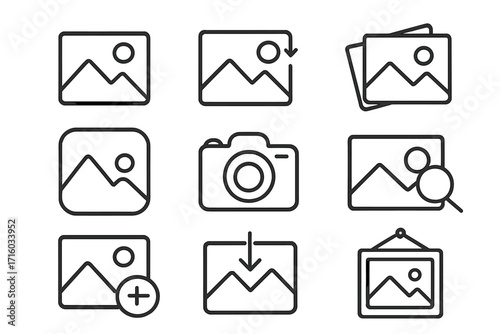 Picture and photo line icon set. Image gallery, camera, download, add, and search symbols. Vector signs for web design, apps, and user interface. Outline illustration.