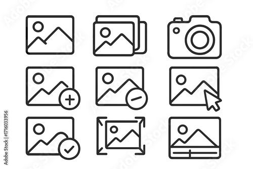 Picture line icon set. Photo and image outline icons for web design. Gallery, camera, add, remove, edit, and select signs. Vector graphic elements for UI and UX design.