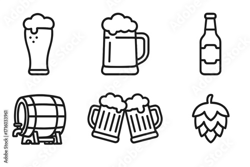 Beer line icon set. Brewery and pub symbols. Craft beer glass, mug, bottle, wooden barrel, hops and cheers. Alcohol drink vector icons for bar menu, Oktoberfest party.