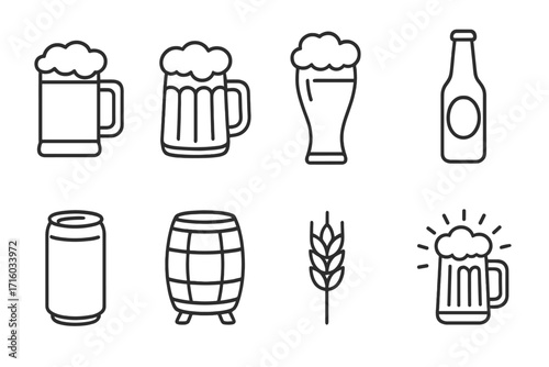 Beer line icon set. Brewery and pub symbols collection. Vector illustration of ale and lager drink elements like mug, pint glass, bottle, can, barrel, and wheat. Craft beer concept.