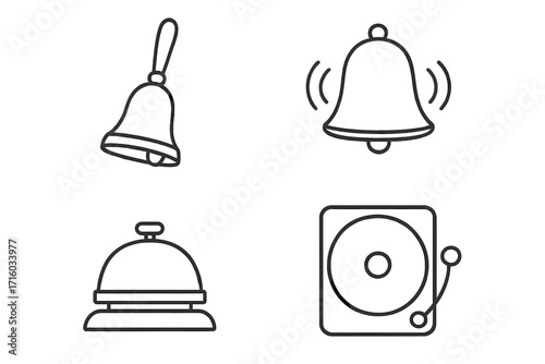 Bell line icon set vector illustration. Handbell, ringing notification alert, hotel service bell, and school or boxing alarm symbols collection. Minimal outline design.
