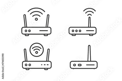 Wi-Fi router line icon set. Wireless internet connection, network technology concept. Modem, broadband, hotspot and data signal symbol collection. Editable stroke vector outline pictogram.
