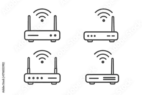 Wi-Fi router line icon set. Wireless internet modem signal. Network connection hub pictogram collection. Simple outline vector graphic symbol for web, app. Editable stroke.
