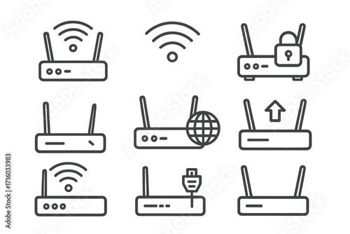 Wi-Fi router line icon set. Wireless internet connection, network technology symbols. Vector outline icons for web, including modem, signal, security lock, upload, and LAN port.