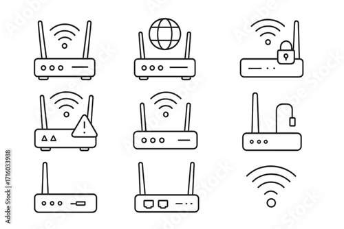 Wi-Fi router line icon set. Wireless internet connection signs. Network modem pictogram collection. Editable stroke vector symbols for web, UI, UX design and apps. Wifi signal.