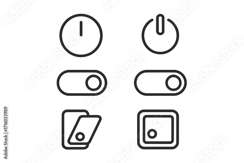 On off switch icon set. Vector line icons for power button, toggle, slider. UI UX graphic elements for web design, app interface. Start, stop, control symbols. Push button.
