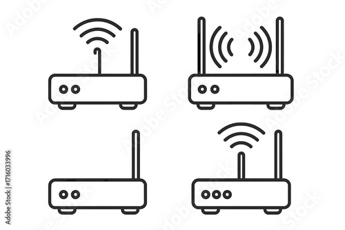 Wi-Fi router thin line icon set. Collection of wireless internet modems. Vector symbols for network connection and signal. Editable stroke for web, apps, and print.