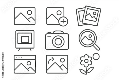 Photography line icon set. Photo gallery, camera, add picture, image search, and edit outline pictograms. Vector symbols for website UI, mobile app, and graphic design.
