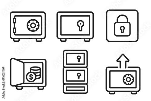 Safe deposit box, bank vault & money outline icon collection. Financial security, asset protection & wealth storage concept. Vector line art strongbox, padlock & coins illustration.