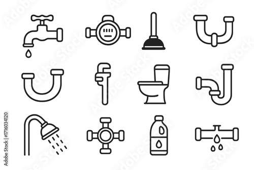 Plumbing service line icon set. Plumber tools, equipment. Sanitary engineering signs. Bathroom, kitchen fixtures. Water pipe repair, leak, drain. Faucet, toilet, shower vector.