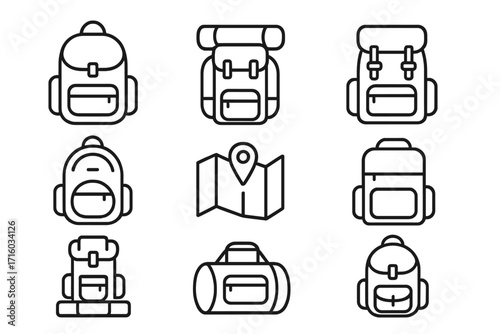 Backpack and travel bag line icon set. Hiking, trekking, and camping rucksack collection. Outdoor adventure and tourism equipment symbols. Schoolbag, luggage, map pin vector.
