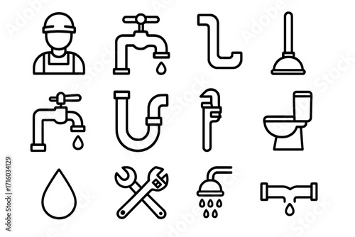 Plumbing service icon set. Plumber, pipe, faucet, toilet, and repair tools. Outline symbol collection for water leak, bathroom fix, and sanitation. Editable stroke vector.