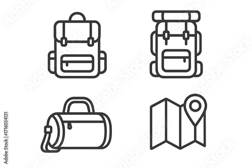 Travel and hiking line icon set. Backpack, camping bag, sports duffel and map with location pin. Adventure journey outline symbols. Vector minimalist editable stroke icons.