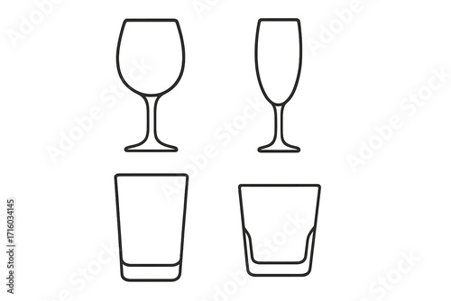 Set of glasses for alcohol drinks outline icon collection. Wine, champagne, whiskey, cocktail glass. Bar menu illustration. Simple line vector for web, app, logo, pictogram.