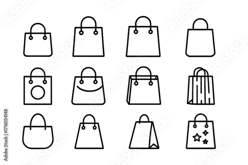 Shopping bag thin line icon set. Vector outline symbols for retail and e-commerce. Minimalist pictograms for purchase, sale, store, and gift concepts for web or app design.