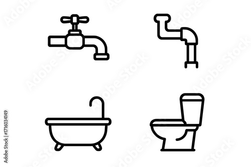Plumbing icons set. Faucet, pipes, bathtub, toilet line art. Minimalistic bathroom and sanitary ware pictograms. Vector illustration for web, graphic design, and apps.