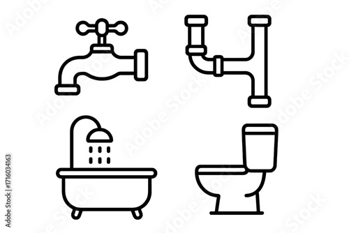 Plumbing service icon set. Faucet, pipes, bathtub with shower and toilet linear icons. Bathroom sanitary engineering symbols. Minimalist pictogram collection for web design.