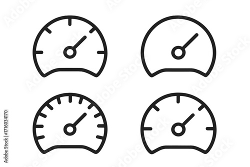 Speedometer line icon collection. Tachometer outline signs for graphic and web design. Gauge symbol for dashboard. Speed, performance, and measurement vector icons set.