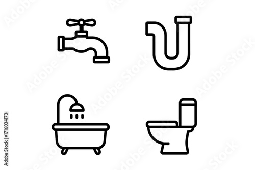 Bathroom and plumbing linear icon set. Simple outline pictograms of a faucet, water pipe, toilet, and bathtub with shower. Vector symbols for web, apps and sanitation concepts.