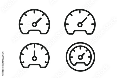 Speedometer line icon set. Gauge, tachometer, and dashboard symbol collection. Speed, power, and performance level indicator pictogram for UI, UX and web design elements.