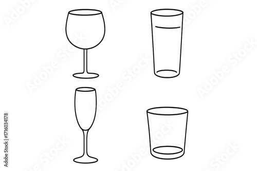 Glassware outline icon set. Wine, water, champagne, and whiskey glass collection. Simple linear vector illustration of bar drinkware for beverage and alcohol concepts.