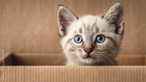 Cute blue-eyed kitten sitting in cardboard box looking curious and alert, perfect for pet-themed concepts, adoption ads and animal-related content.