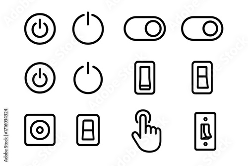 Power button and on-off switch line icon set. Vector collection of toggle sliders, start stop buttons for UI UX design. Graphic symbols for web, mobile apps, control panel.