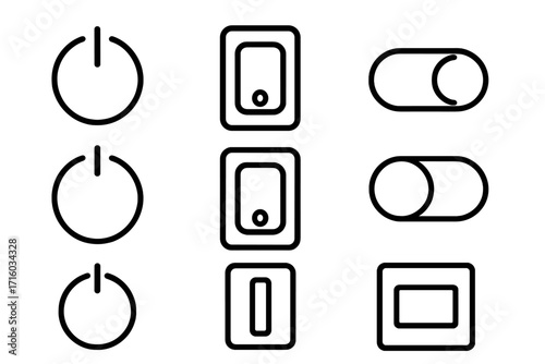 On and off switch line icon pack. Power button symbol, toggle and slider for user interface. UI and UX web design element. Start, stop, activate, deactivate concept vector set.