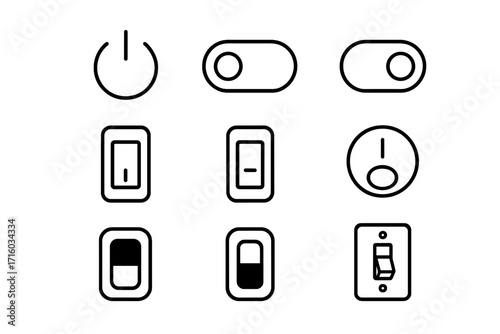 Power button and switch line icon set. On and off toggle sliders for UI and UX design. Vector symbols for user interface, web design, mobile apps and control panel concept.