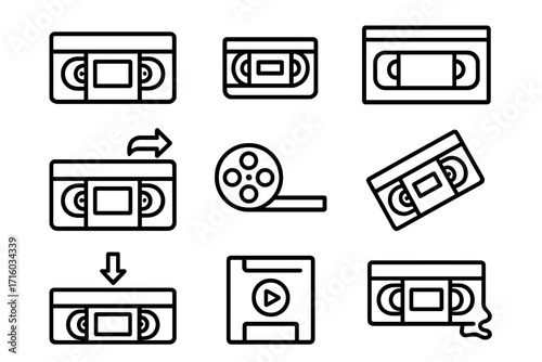Video tape line icon set. VHS cassette, film reel and floppy disk symbols. Retro 90s nostalgia media concept. Vintage movie player vector graphic for web and apps design.