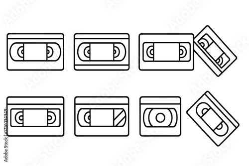 Video tape line icon set. VHS cassette collection. Retro 80s 90s nostalgia media symbols. Old technology outline signs. Analog movie and film vector illustration.