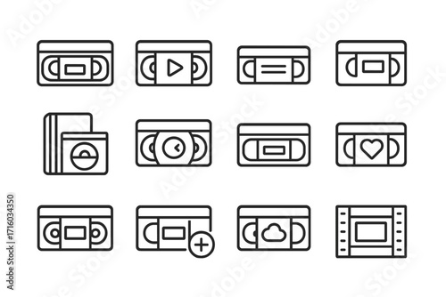 Video tape line icon set. VHS cassette outline signs for web and graphic design. Retro 90s movie and film symbols. Play, cloud, and love pictograms. Vector collection.