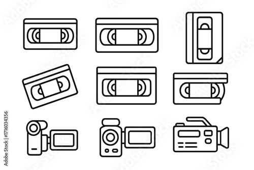 Video tape and camcorder line icon set. Vector outline illustration of retro media. VHS cassette, 80s and 90s nostalgia concept. Old technology for web, apps, ads.