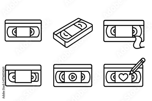 Video tape line icon set. VHS cassette vector. Retro 90s movie and film symbols. Vintage nostalgia graphic. Play button, heart, broken tape. Outline icons for web design.