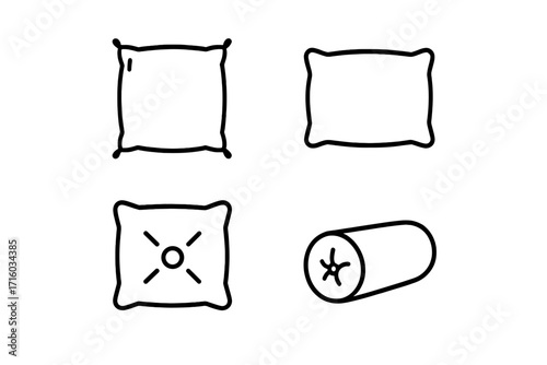 Pillow icon collection vector set. Cushion and bolster line art symbols. Home decoration and furniture elements for sleep, rest and comfort. Bedding and interior design graphics.