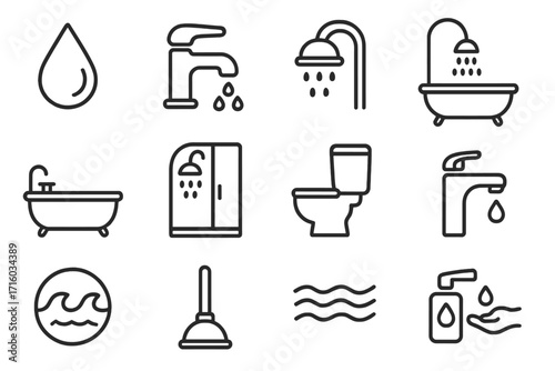 Water, bathroom, and shower line icon set. Vector symbols for hygiene, plumbing, and sanitation. Editable stroke pictograms of toilet, faucet, bath, and soap for web design.