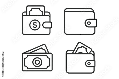 Wallet and money line icon set. Cash, currency, and payment symbols. Finance, savings, and budget concept. Vector outline illustration collection with editable stroke.