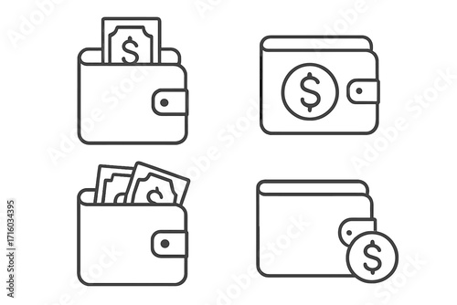 Wallet with money line icon set. Cash, dollar bill and coin symbols. Finance, payment, and savings concept. Vector illustration for banking, budget, and personal economy. Editable stroke.