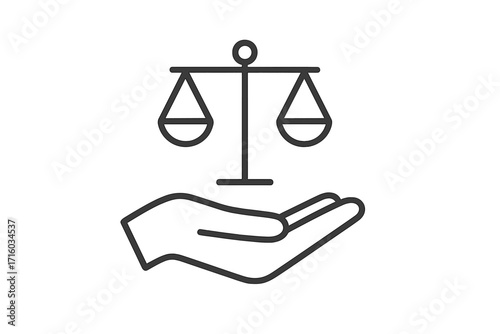 Hand holding scales of justice, a symbol of law and legal balance. Icon of equality, human rights, court, and fairness. Minimal outline vector illustration for web design.