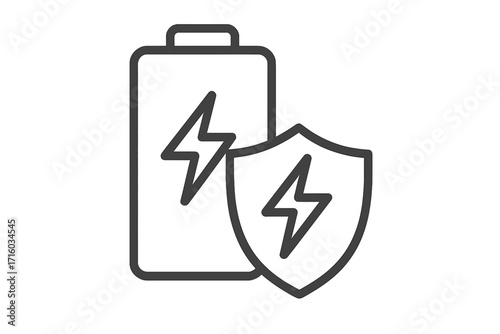 Battery protection shield icon. Concept of power safety, secure energy, and electrical defense. Vector line symbol for charging security, accumulator guard, and durable power.