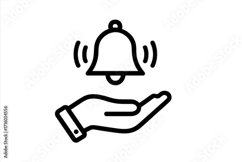 Hand holding ringing bell icon. Notification, alert, and reminder symbol. Customer service, concierge, or reception bell concept. Subscribe and push notification line art for web and app design.