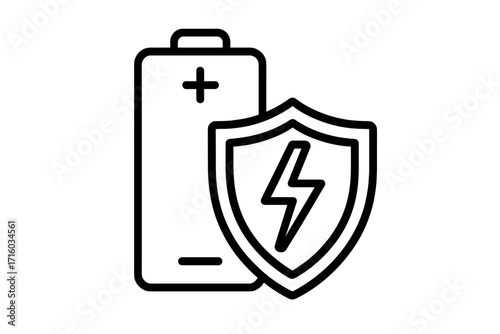 Battery protection icon with shield and lightning. Power safety symbol. Energy security concept. Vector line art for safe charging, power bank, accumulator durability.