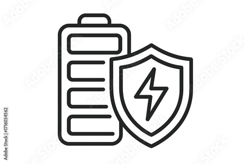 Battery protection and power safety concept. Shield with lightning bolt symbol for energy security. Secure charging technology line icon. Vector accumulator guard sign.